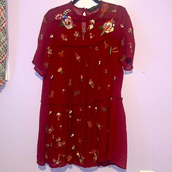 Zara Dresses & Skirts - Zara burgundy embroidered floral sequin tiered dress. Limited edition. Size S.